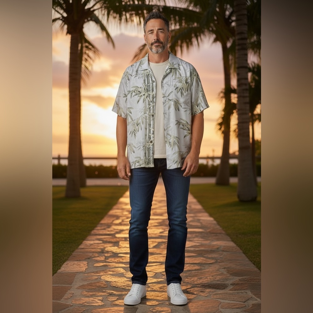 Tommy Bahama Silk Men's Bamboo Print Short Sleeve Button Down Top Vacay LG